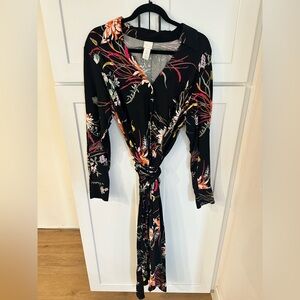 H&M Black Floral Wrap Midi Dress – Long Sleeve, Tie Waist (Size M)